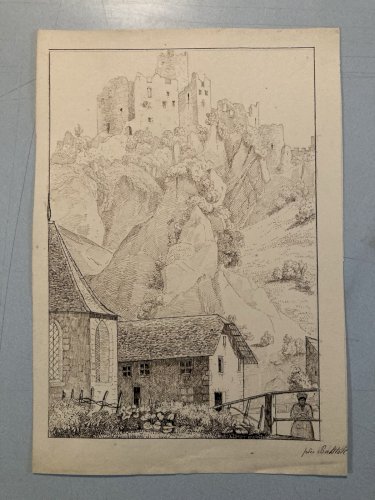 Dessin XIXe 1830 Encre Peinture Suisse ? Chateau Ruines Ancien Alpes