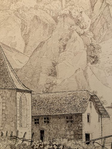Dessin XIXe 1830 Encre Peinture Suisse ? Chateau Ruines Ancien Alpes