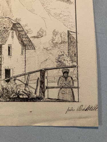 Dessin XIXe 1830 Encre Peinture Suisse ? Chateau Ruines Ancien Alpes