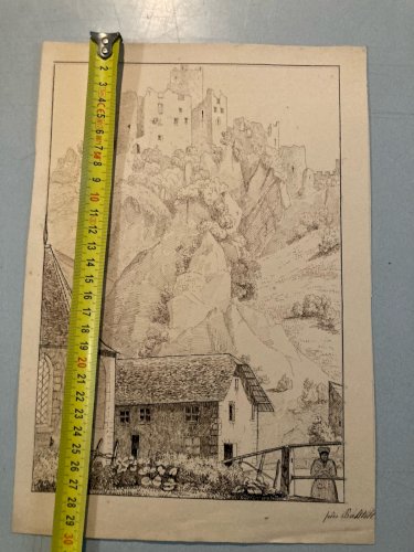 Dessin XIXe 1830 Encre Peinture Suisse ? Chateau Ruines Ancien Alpes