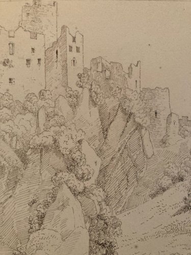 Dessin XIXe 1830 Encre Peinture Suisse ? Chateau Ruines Ancien Alpes