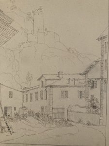 Dessin XIXe 1830 Martigny Valais Suisse Chateau Ruines Ancien Alpes Montagne Art