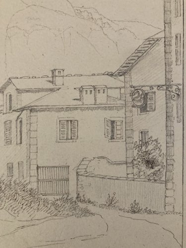 Dessin XIXe 1830 Martigny Valais Suisse Chateau Ruines Ancien Alpes Montagne Art