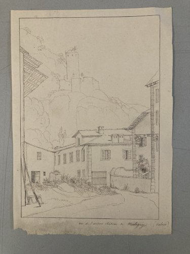 Dessin XIXe 1830 Martigny Valais Suisse Chateau Ruines Ancien Alpes Montagne Art