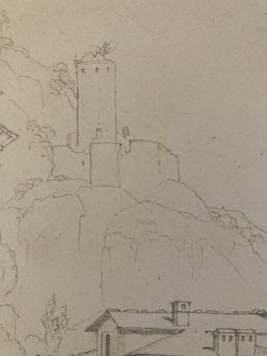 Dessin XIXe 1830 Martigny Valais Suisse Chateau Ruines Ancien Alpes Montagne Art
