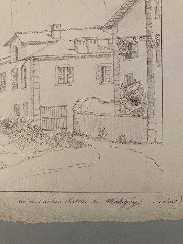 Dessin XIXe 1830 Martigny Valais Suisse Chateau Ruines Ancien Alpes Montagne Art