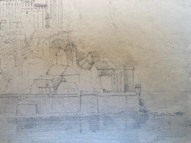 Dessin XIXe 1830 Mont Saint Michel Art Église Cathédrale Ancien Mer Océan