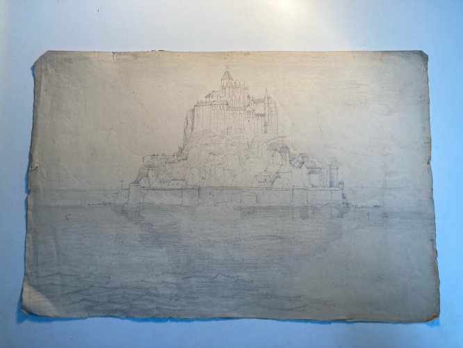 Dessin XIXe 1830 Mont Saint Michel Art Église Cathédrale Ancien Mer Océan