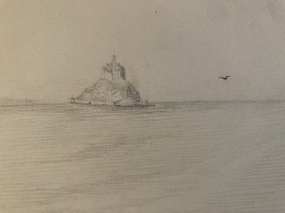 Drawing XIXth 1830 Mont Saint Michel Art Church Cathedral Painting Sea Ocean