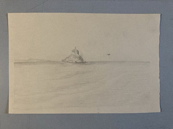 Dessin XIXe 1830 Mont Saint Michel Art Église Cathédrale Peinture Mer Océan