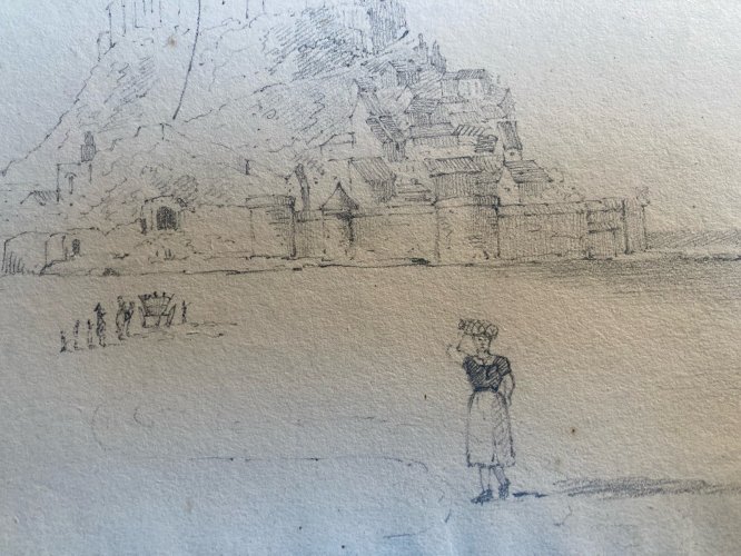 Dessin XIXe 1830 Mont Saint Michel Art Église Goémon Ancien Mer Océan Goemond