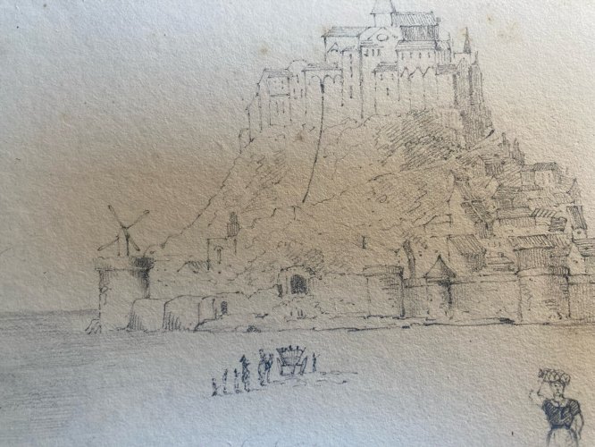 Dessin XIXe 1830 Mont Saint Michel Art Église Goémon Ancien Mer Océan Goemond