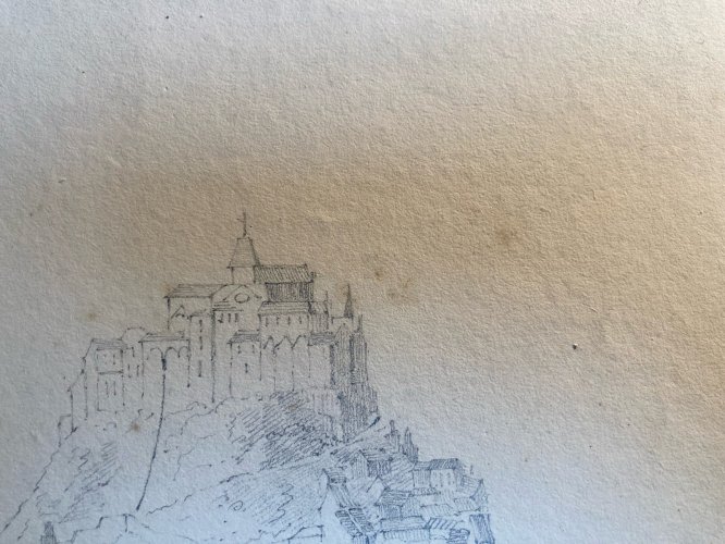 Dessin XIXe 1830 Mont Saint Michel Art Église Goémon Ancien Mer Océan Goemond