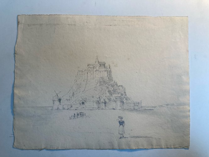 Dessin XIXe 1830 Mont Saint Michel Art Église Goémon Ancien Mer Océan Goemond