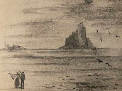 Dessin XIXe 1830 Mont Saint Michel Art Église Goémon Ancien Océan Goemond Mer