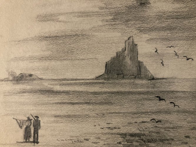 Dessin XIXe 1830 Mont Saint Michel Art Église Goémon Ancien Océan Goemond Mer