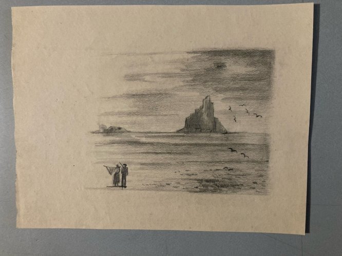 Dessin XIXe 1830 Mont Saint Michel Art Église Goémon Ancien Océan Goemond Mer