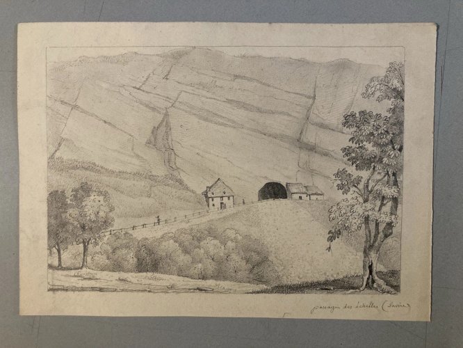 Dessin XIXe 1830 Passage Des Échelles Saint Christophe Crayon Montagne Savoie