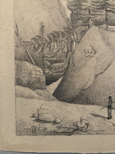 Dessin XIXe 1830 Rocher Crayon Suisse ? Arbre Foret Ancien Alpes Art