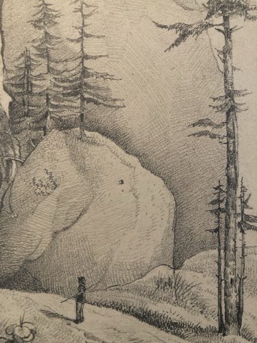 Dessin XIXe 1830 Rocher Crayon Suisse ? Arbre Foret Ancien Alpes Art