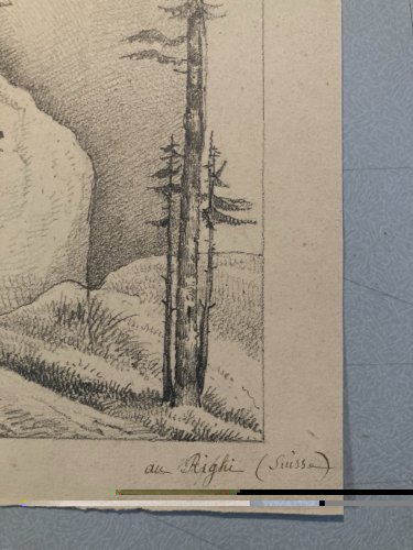 Dessin XIXe 1830 Rocher Crayon Suisse ? Arbre Foret Ancien Alpes Art