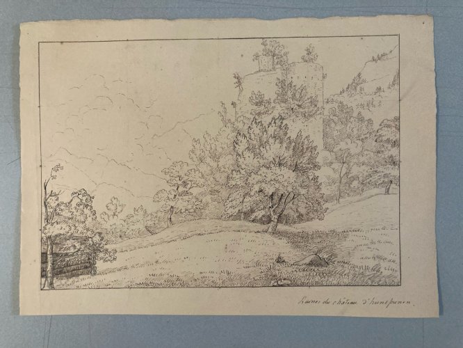 Dessin XIXe 1830 Ruines d’Unspunnen Château Suisse Foret Histoire Art Ancien