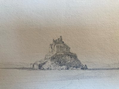 Dessin XIXe 1830 Vue Du Mont Saint Michel Art Église Cathédrale Ancien Mer Océan