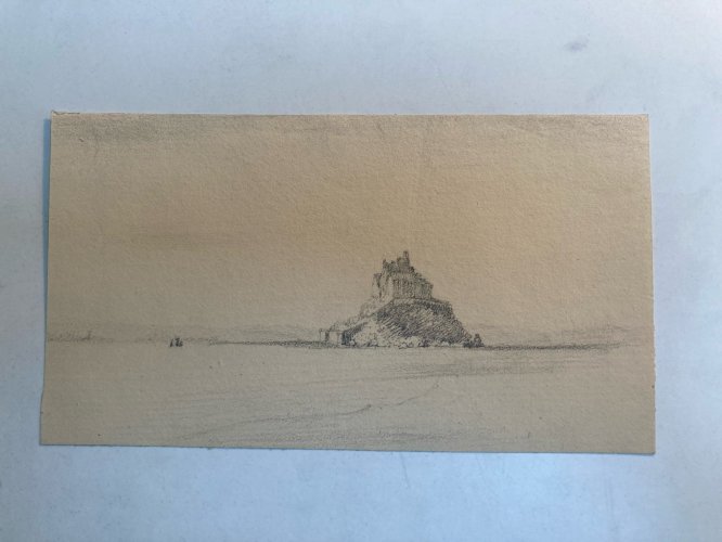 Dessin XIXe 1830 Vue Du Mont Saint Michel Art Église Cathédrale Ancien Mer Océan
