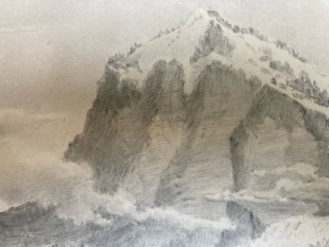 Dessin XIXe 1830 Vue Wetterhorn Crayon Montagne Suisse Alpinisme Art Ancien Mont
