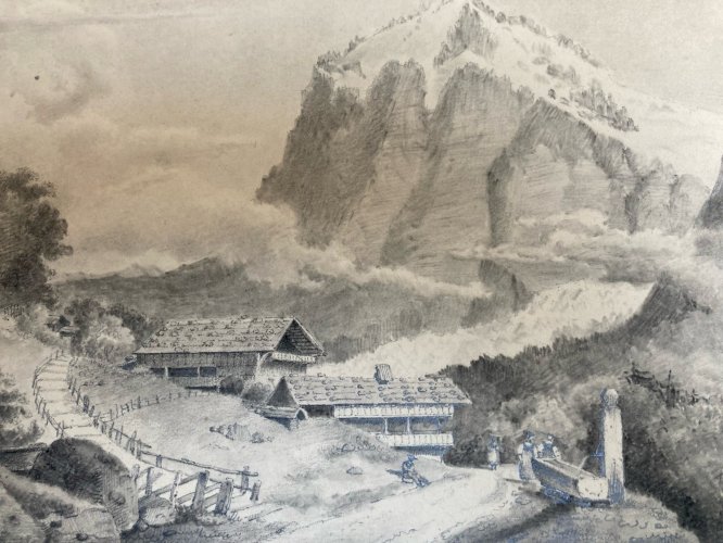 Dessin XIXe 1830 Vue Wetterhorn Crayon Montagne Suisse Alpinisme Art Ancien Mont