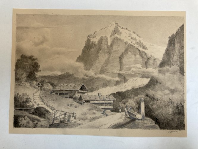 Dessin XIXe 1830 Vue Wetterhorn Crayon Montagne Suisse Alpinisme Art Ancien Mont