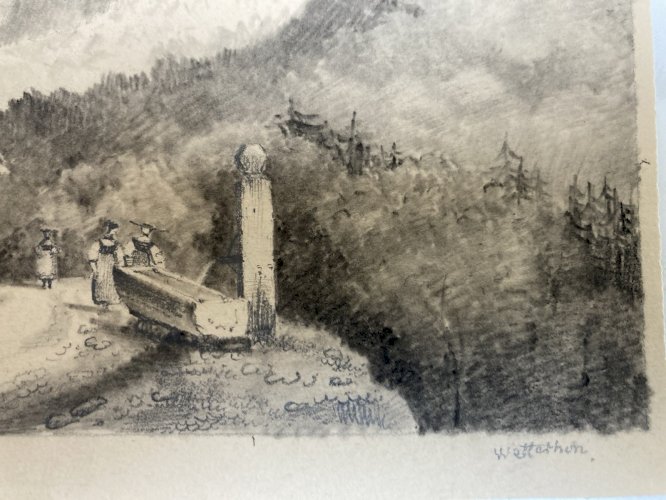 Dessin XIXe 1830 Vue Wetterhorn Crayon Montagne Suisse Alpinisme Art Ancien Mont