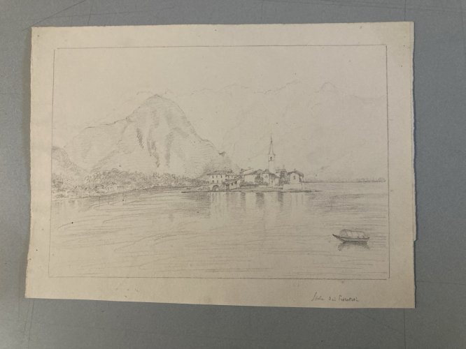 Dessin XIXe 1850 crayon Île De Pescatori Lac De Come Italie Borromées