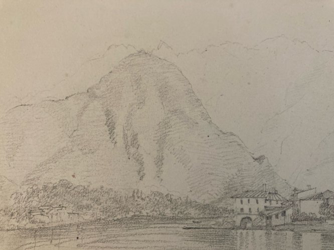 Dessin XIXe 1850 crayon Île De Pescatori Lac De Come Italie Borromées