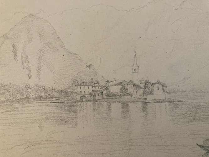 Dessin XIXe 1850 crayon Île De Pescatori Lac De Come Italie Borromées