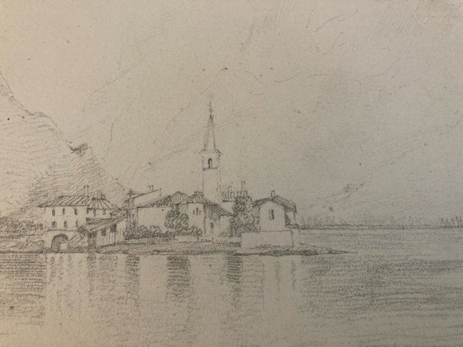 Dessin XIXe 1850 crayon Île De Pescatori Lac De Come Italie Borromées