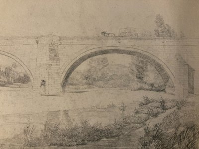 Dessin XIXe 1850 crayon Paysage Ancien Pont Cheval Calèche Chevaux