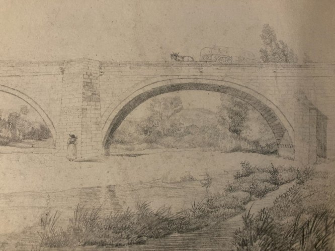 Dessin XIXe 1850 crayon Paysage Ancien Pont Cheval Calèche Chevaux