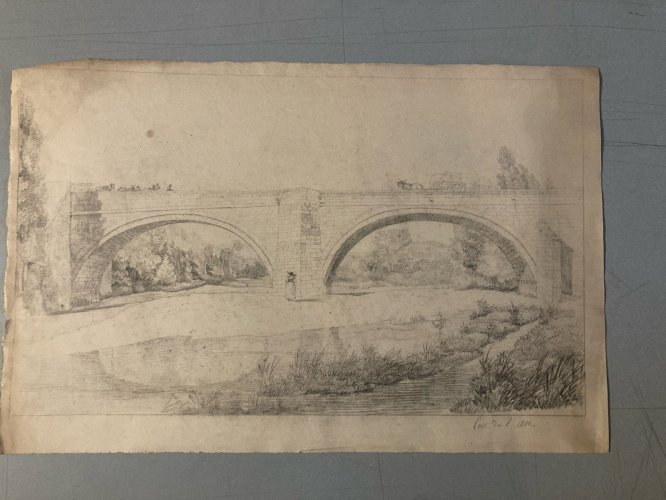 Dessin XIXe 1850 crayon Paysage Ancien Pont Cheval Calèche Chevaux