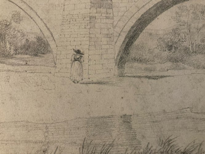 Dessin XIXe 1850 crayon Paysage Ancien Pont Cheval Calèche Chevaux