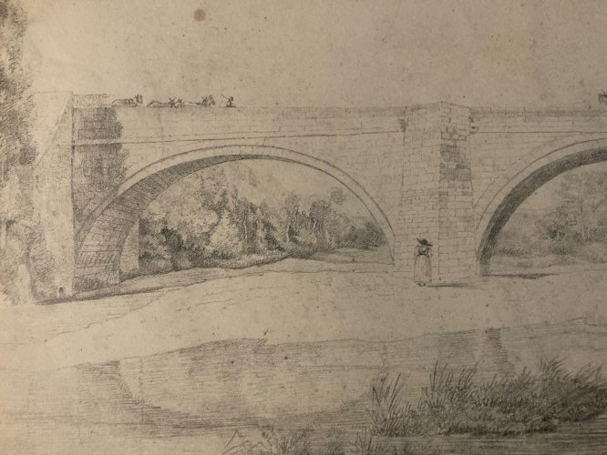 Dessin XIXe 1850 crayon Paysage Ancien Pont Cheval Calèche Chevaux