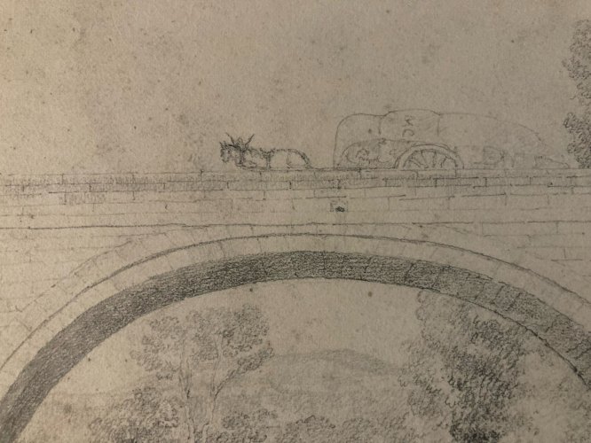 Dessin XIXe 1850 crayon Paysage Ancien Pont Cheval Calèche Chevaux