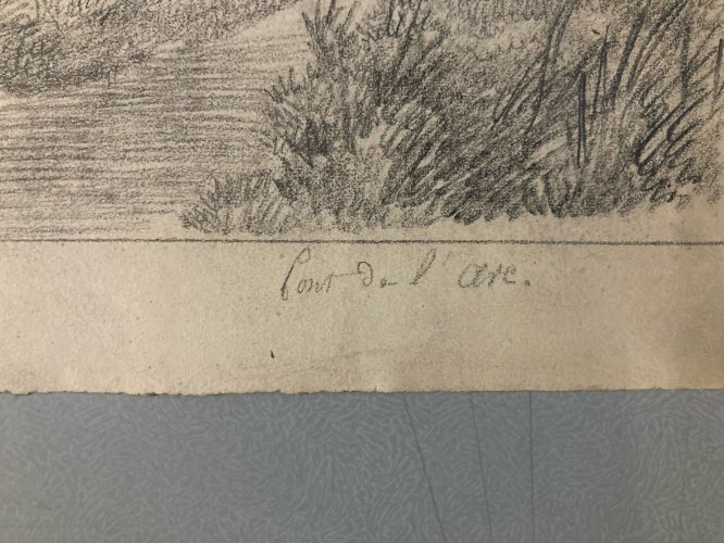 Dessin XIXe 1850 crayon Paysage Ancien Pont Cheval Calèche Chevaux