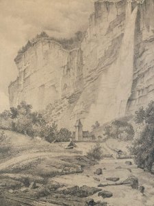 Drawing XIXth 1850 pencil Landscape Village Cliff Ancient To Identify Art