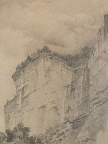 Dessin XIXe 1850 crayon Paysage Village Falaise Ancien A Identifier Art