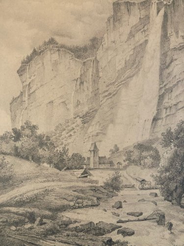 Dessin XIXe 1850 crayon Paysage Village Falaise Ancien A Identifier Art