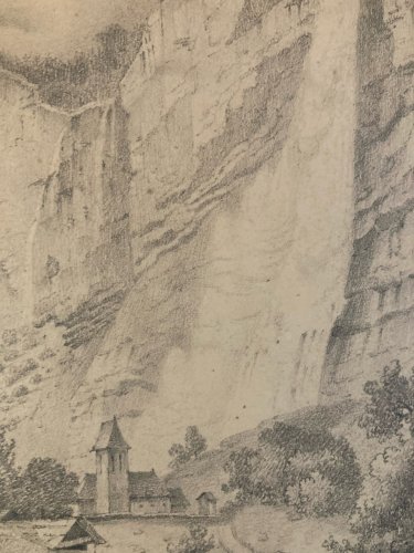 Dessin XIXe 1850 crayon Paysage Village Falaise Ancien A Identifier Art