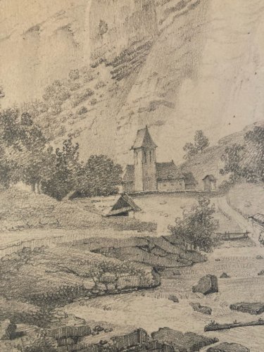 Dessin XIXe 1850 crayon Paysage Village Falaise Ancien A Identifier Art