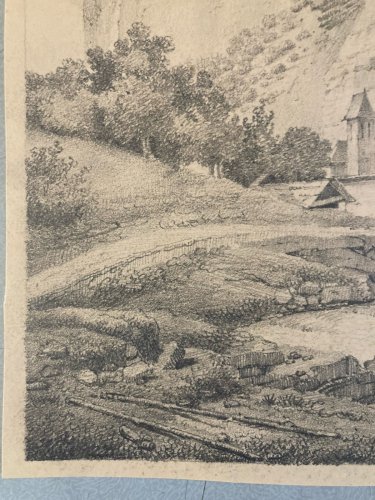 Dessin XIXe 1850 crayon Paysage Village Falaise Ancien A Identifier Art