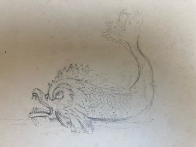 Dessin XIXe 1850 Dauphin Élément Architectural Crayon Décoration Art